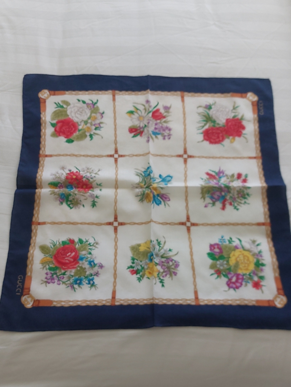 Vintage, Gucci Navy Border Floral COTTON Square Scarf